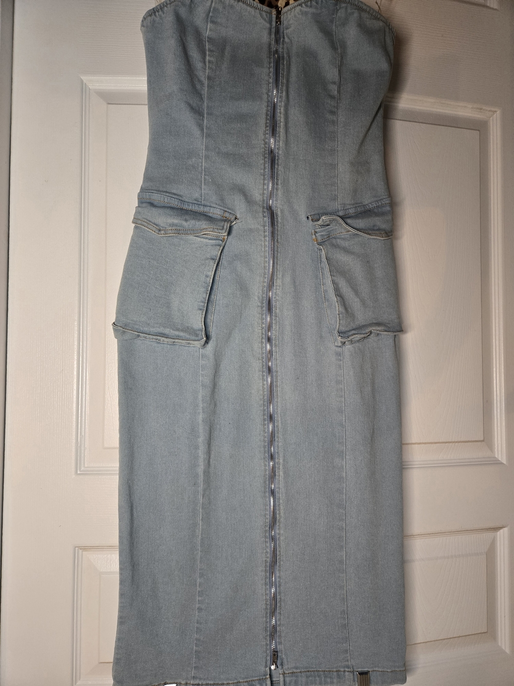 Daisy Strapless Light Blue Denim Dress with Front Zipper